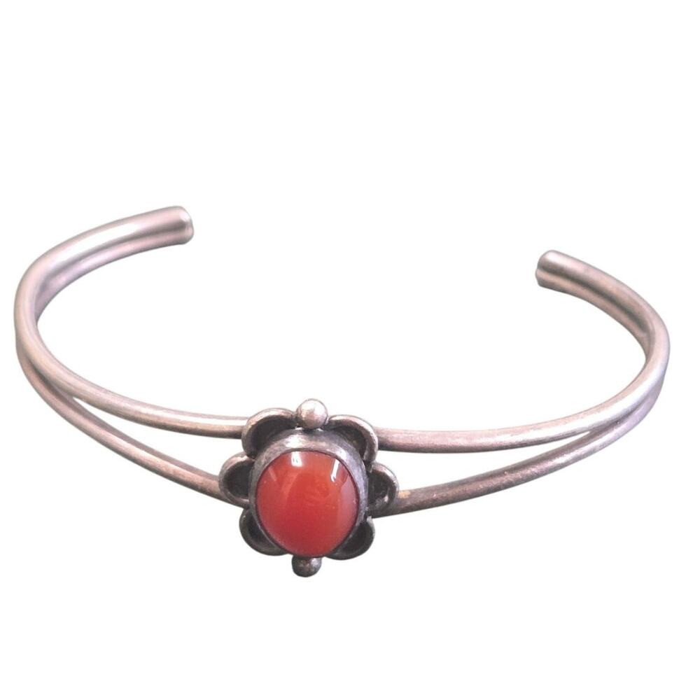 Vintage Southwestern Red Coral Sterling Silver Cuff Bracelet